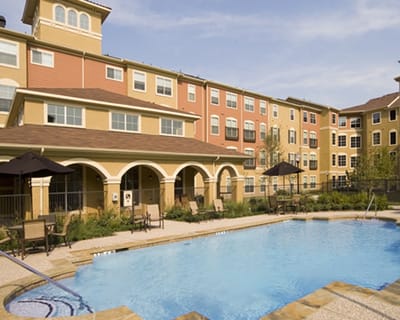 Exterior view of a pool area at the facility