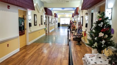 Bright corridor decorated for festivities.