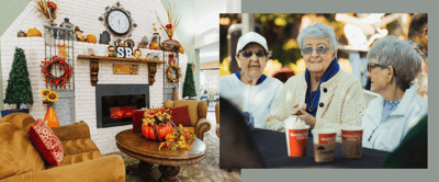 Residents enjoying conversation in a cozy common area