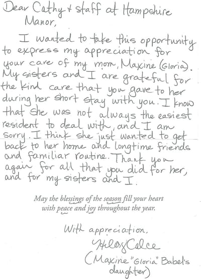 Handwritten letter expressing appreciation to the staff