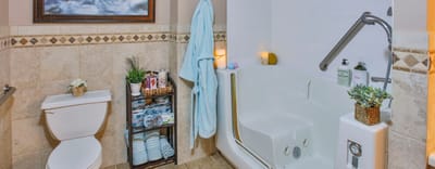Interior view of a bathroom with accessible features