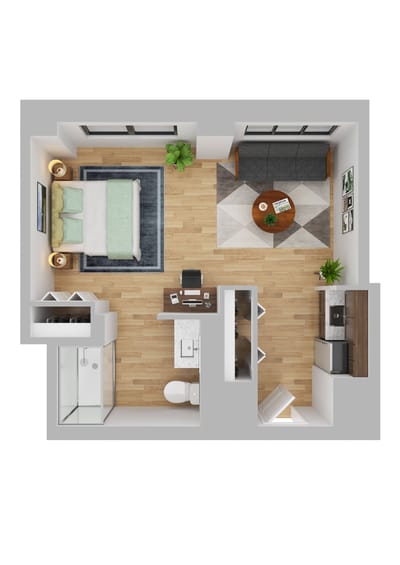 Brandywine The Savoy, assisted living in Queens, NY — 1-bedroom apartment floor plan with living area and kitchenette