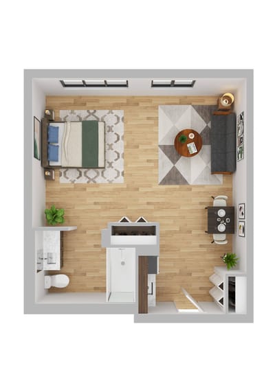 Brandywine The Savoy, assisted living in Queens, NY — Top-down floor plan of a studio apartment layout