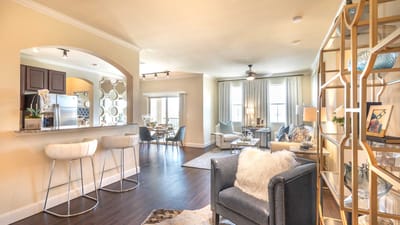 Bright and modern common area in a senior living facility
