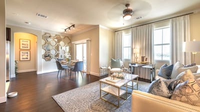 Brightly decorated lounge area with modern furnishings