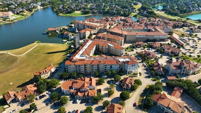 Aerial view of the assisted living facility and surrounding area