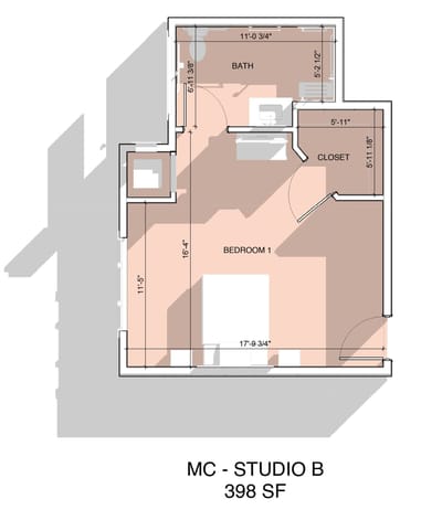 Architectural floor plan of a studio apartment