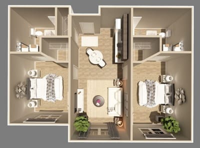 Aerial view of an interior floor plan with two bedrooms