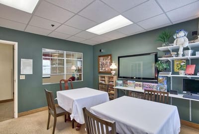 Interior view of a common area with tables