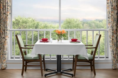 Dining table set with view of nature outside