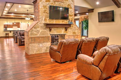 Interior view of a cozy common area with seating