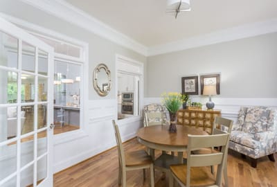 Bright interior of a dining area with a round table