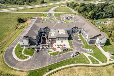 Aerial view of Bridgepointe Gardens facility and surroundings
