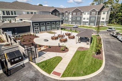 Aerial view of the outdoor patio area with seating