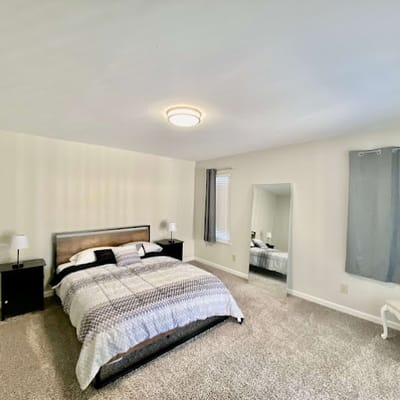 Interior view of a bedroom with a bed and mirror