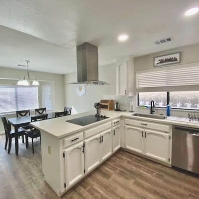 Bright interior kitchen and dining area