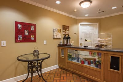 Cozy common area with refreshments and decor