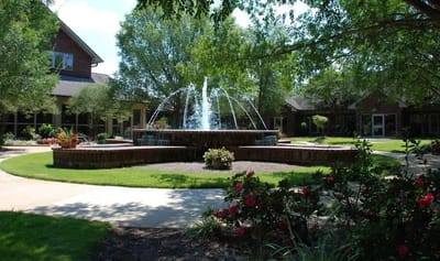 Beautiful outdoor fountain surrounded by landscaping