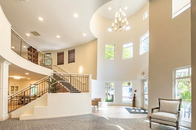 Interior view of a bright facility lobby area