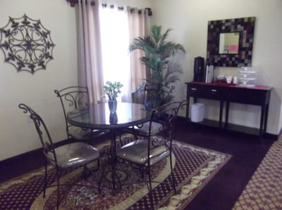 Cozy interior common area with dining table