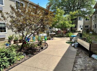 Pathway through a serene garden with potted plants