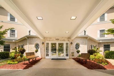 Front entrance of Heartfields at Cary with landscaped area