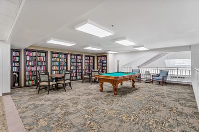 Cozy common area with a pool table and bookshelves