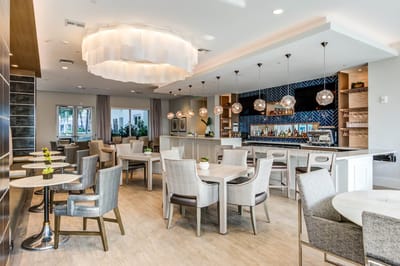 Bright dining room with modern decor and seating
