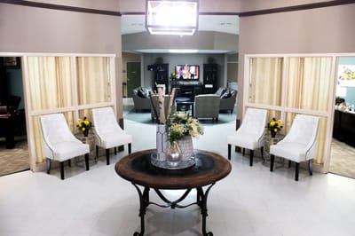 Interior view of a common area with seating and decor