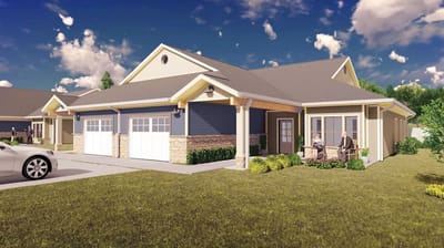 Exterior view of a senior living facility with residents outside