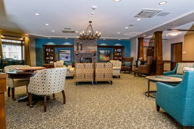 Interior view of a cozy common area with seating