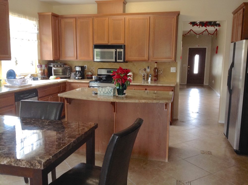 Interior view of a kitchen space with a dining table