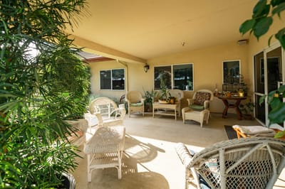 Cozy outdoor seating area with wicker chairs and plants