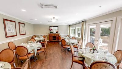 Dining room set for a meal at the facility