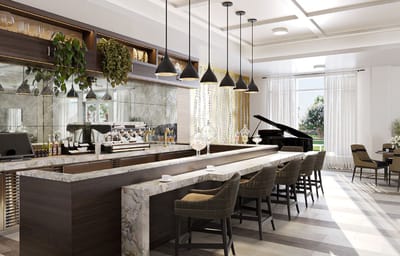 Modern interior of a common area with a bar and piano