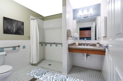 Brightly lit bathroom area with accessible features