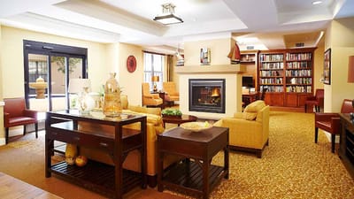 Cozy common area with seating and a fireplace