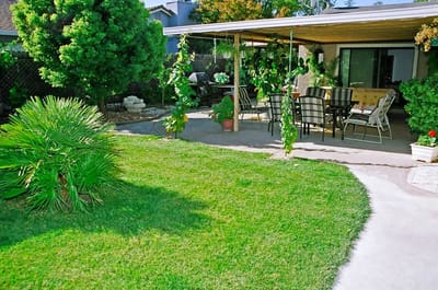 Outdoor patio area with seating and greenery