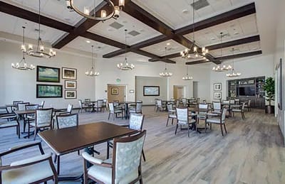 Bright dining area with tables and chairs