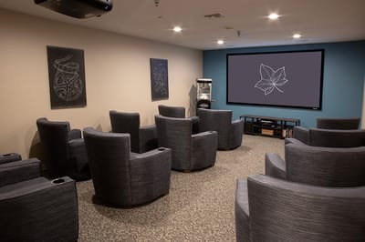 Interior of a movie theater with chairs and screen