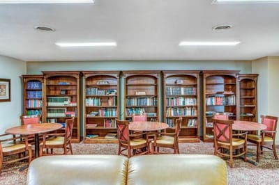 Cozy library space with bookshelves and seating
