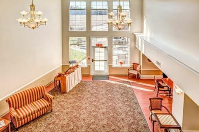 Bright lobby area with seating and natural light