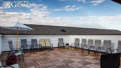 Outdoor seating area with lounge chairs