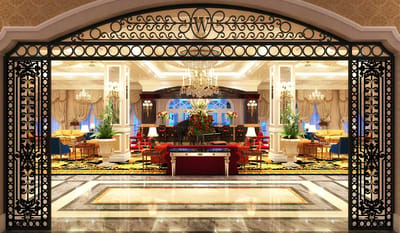 Luxurious lobby of a senior living facility with elegant decor