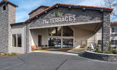 Exterior view of The Terraces building entrance