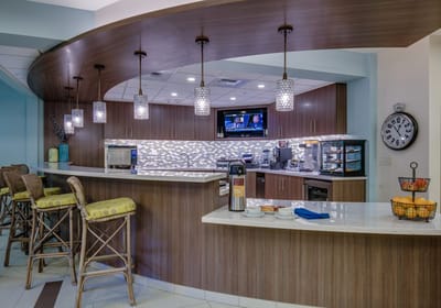 Interior view of a dining area with a coffee station
