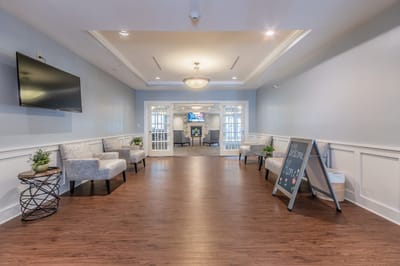Bright interior common area with seating