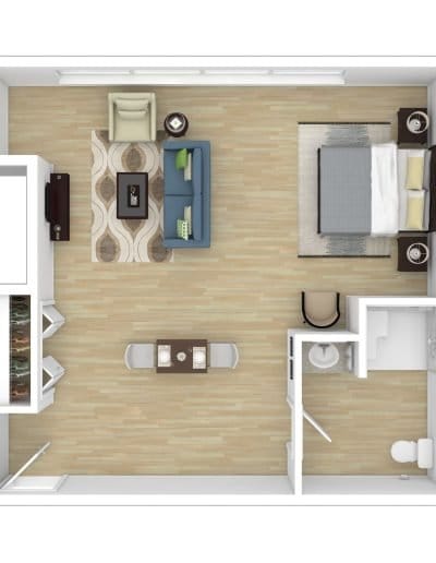 Top-down view of a furnished room layout