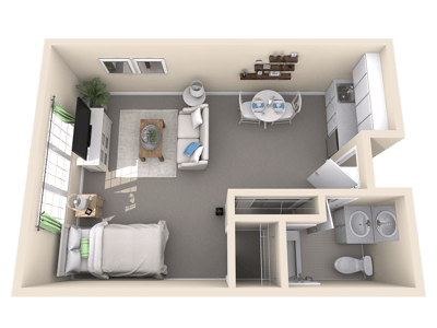 Floor plan of a one-bedroom resident suite