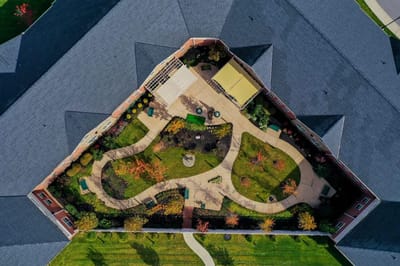 Aerial view of the landscaped outdoor space at the facility